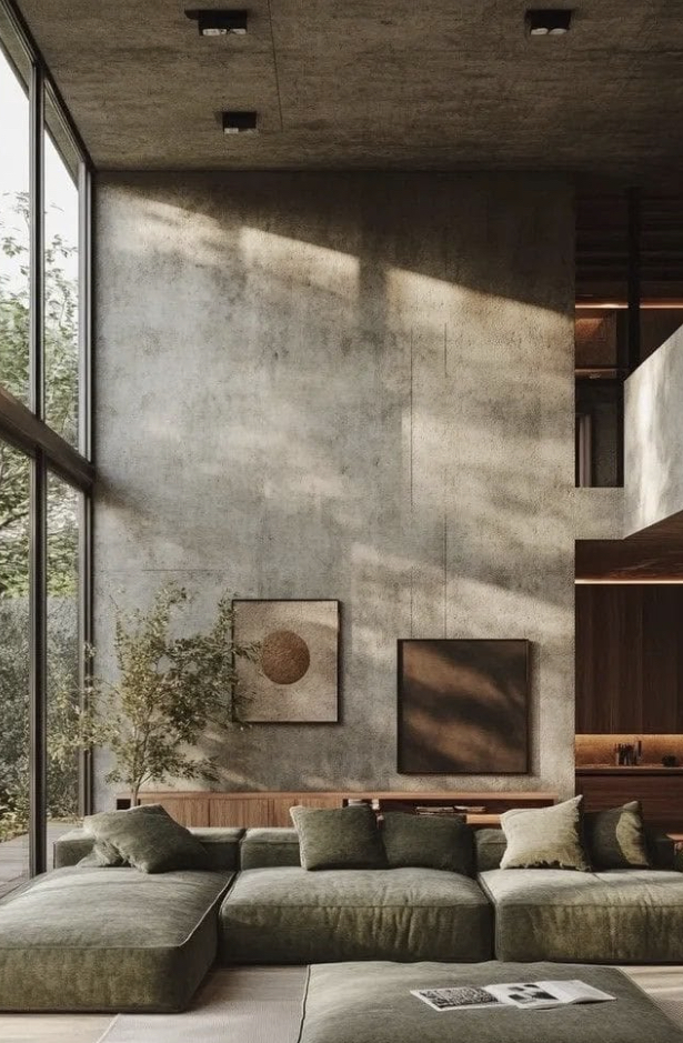 Hoge woonkamer met betonnen wand, hout en olijfgroene bank