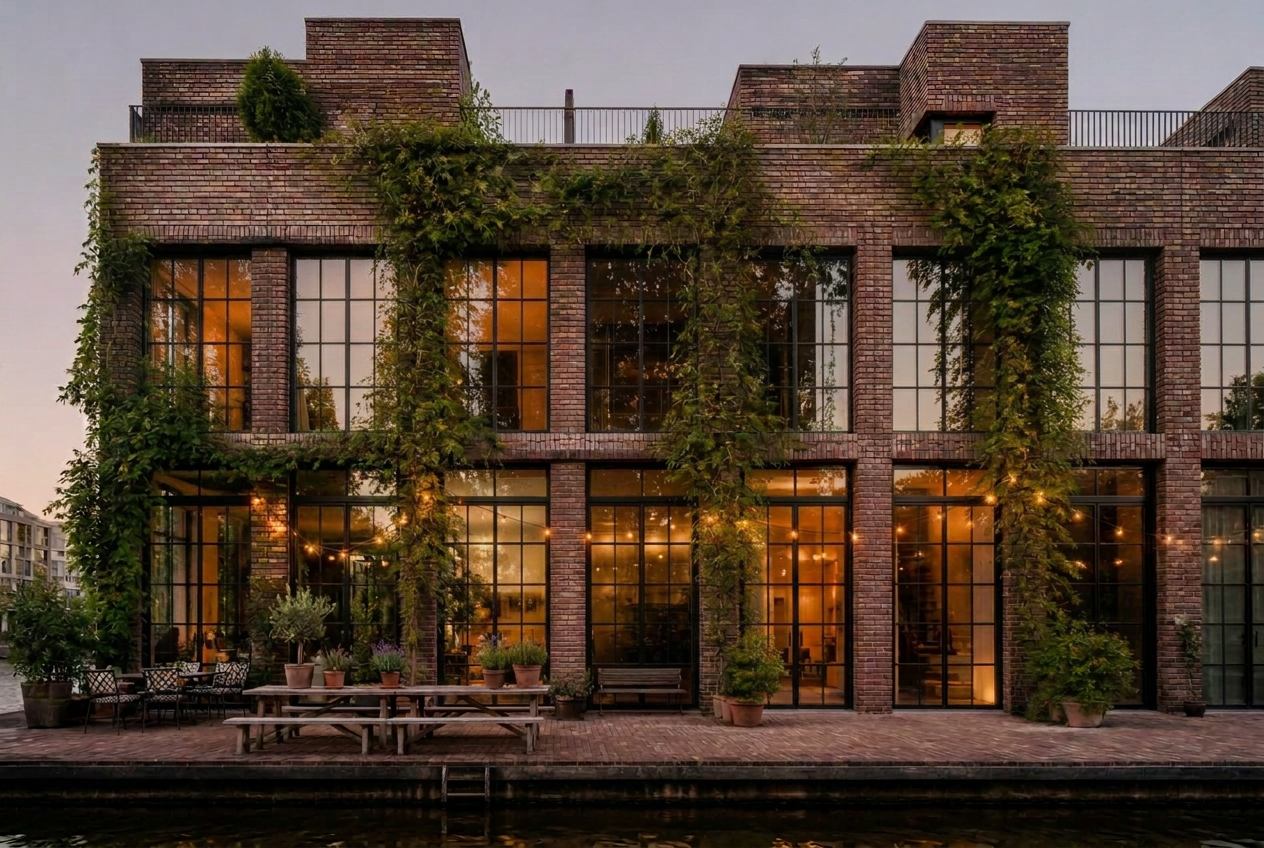 Baksteen woongebouw met acht meter hoge begane grond, slanke hoge stalen kozijnen, lampjes over de straat en een picknicktafel aan het water